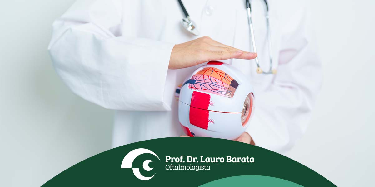 Oftalmologista segurando mock up de olho para falar sobre retinopatia diabética - site Dr. Lauro Barata